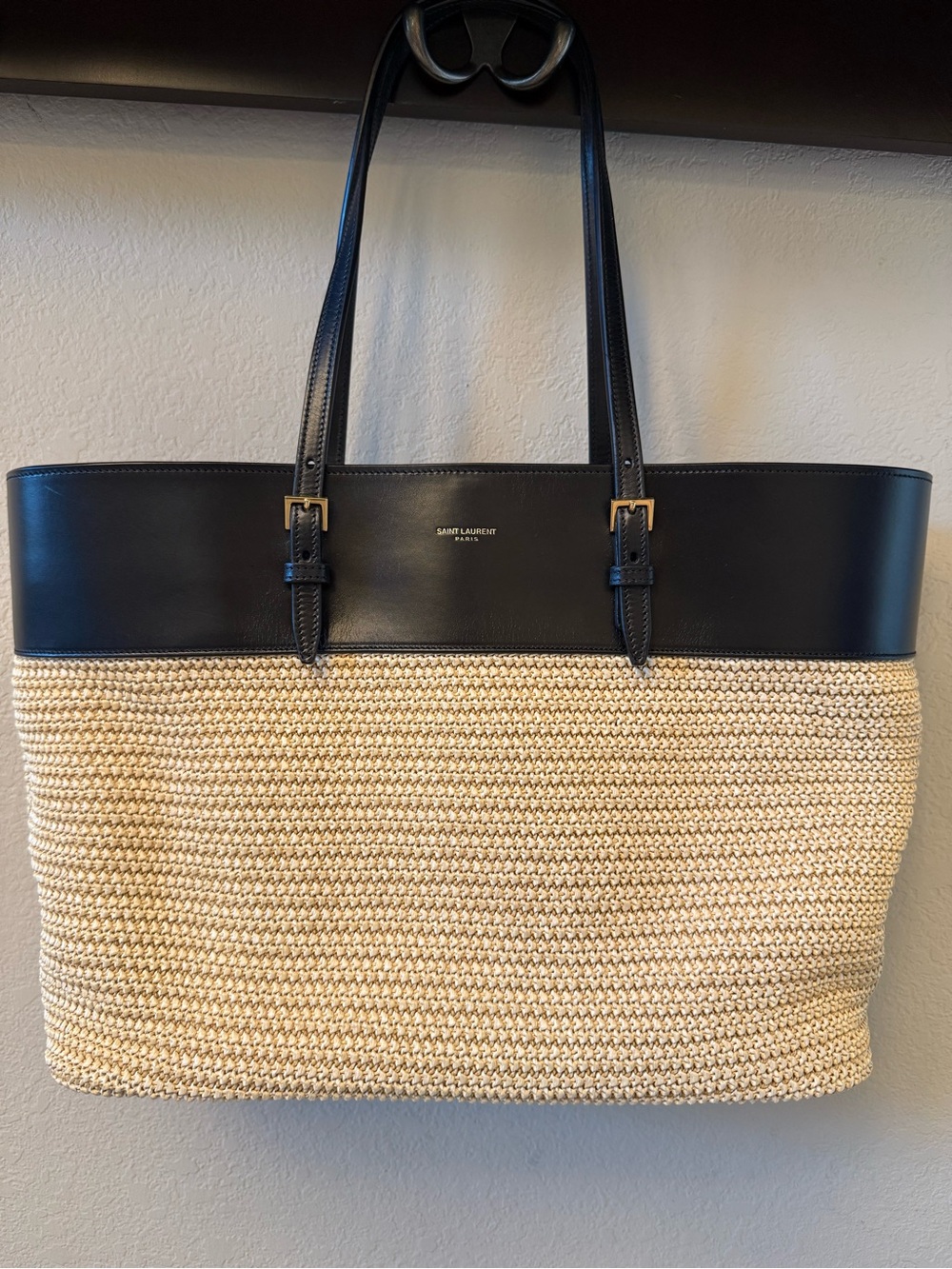 Authentic Saint Laurent Black & Natural Boucle Raffia Tote Bag with Dust Bag